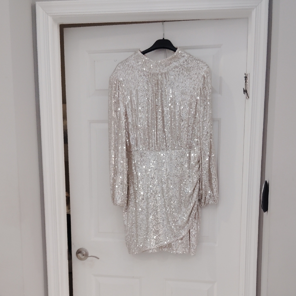 Elegant Sequin Dress in Silver Peek A Boo Back Gorgeous Neck Line.Mint Condition